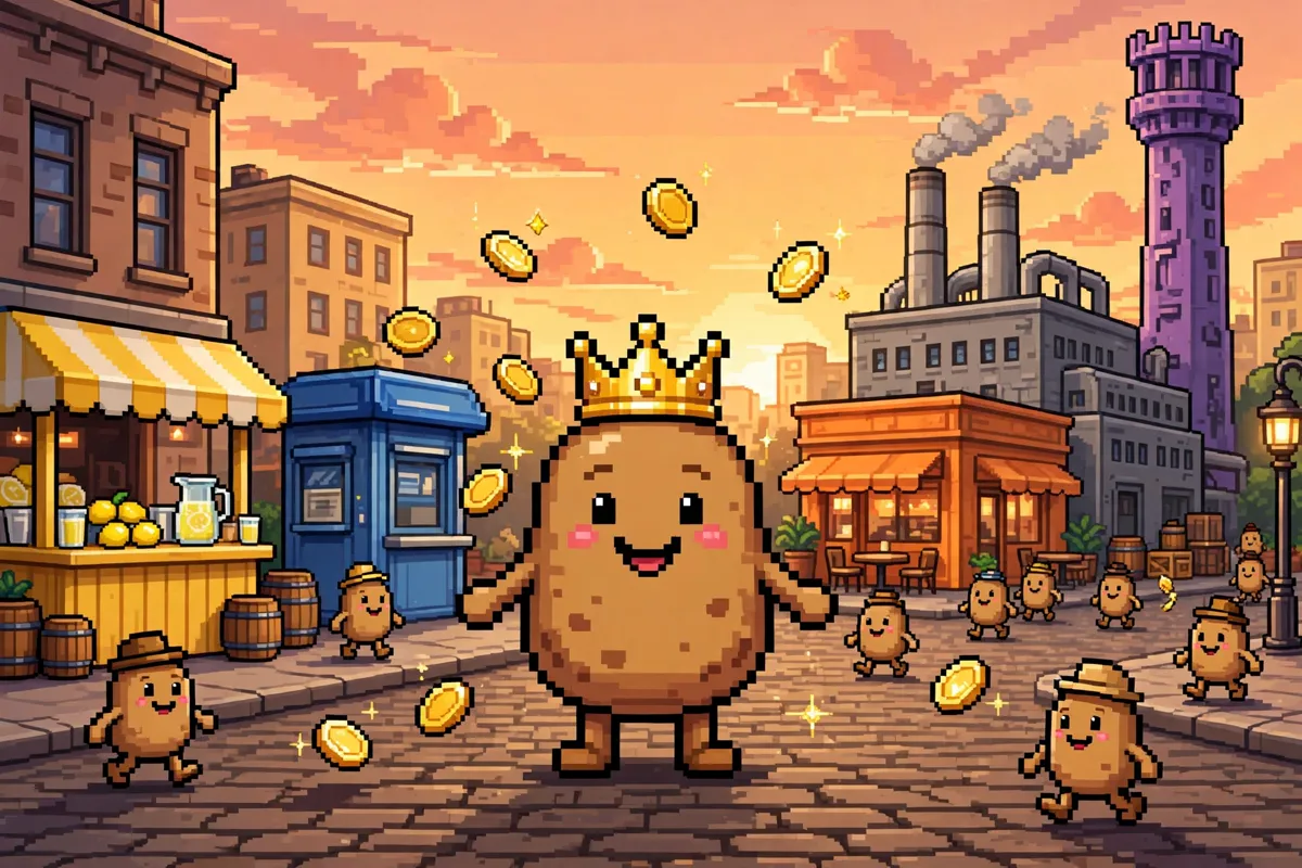 The potato and his growing street: a lemonade stand, a kiosk, a cafe, a factory and his tower